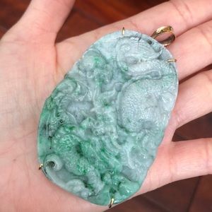 18K Solid Gold Carved Dragon Jade Heavy Pendant